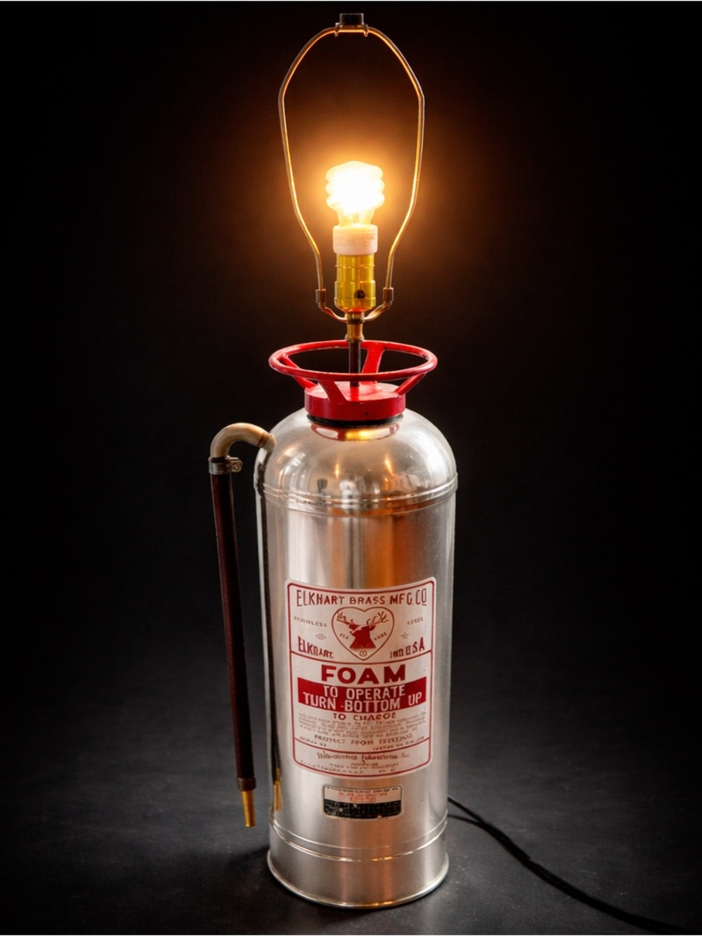 Vintage 1970s Elkhart Brass Fire Extinguisher Table Lamp 36” Industrial Decor
